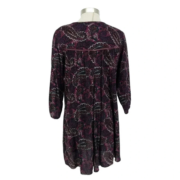 American Eagle Shift Peasant Dress Purple Paisley Keyhole Neck 3/4 Sleeve Boho - Picture 6 of 9